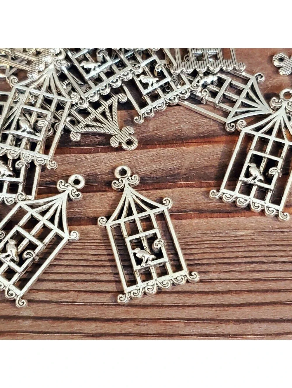 Antique Silver Pewter Art Deco Nouveau Bird & Cage Pendants 29x18mm 10 pcs